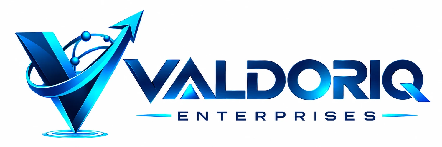 Valdoriq Enterprises logo featuring a blue V with an upward arrow and connected technology nodes